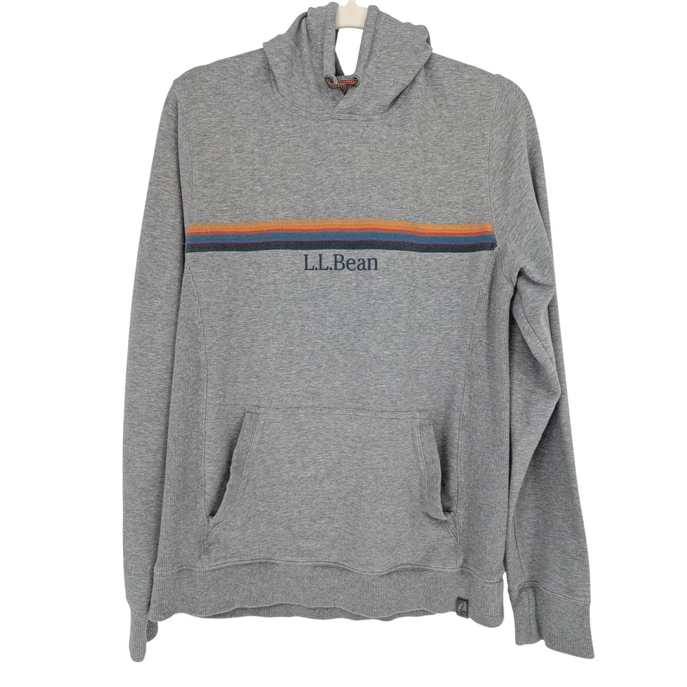 L.L.Bean Hoodie Mens S Gray Retro Stripe Logo Pullover Fitted Gorpcore Outdoor